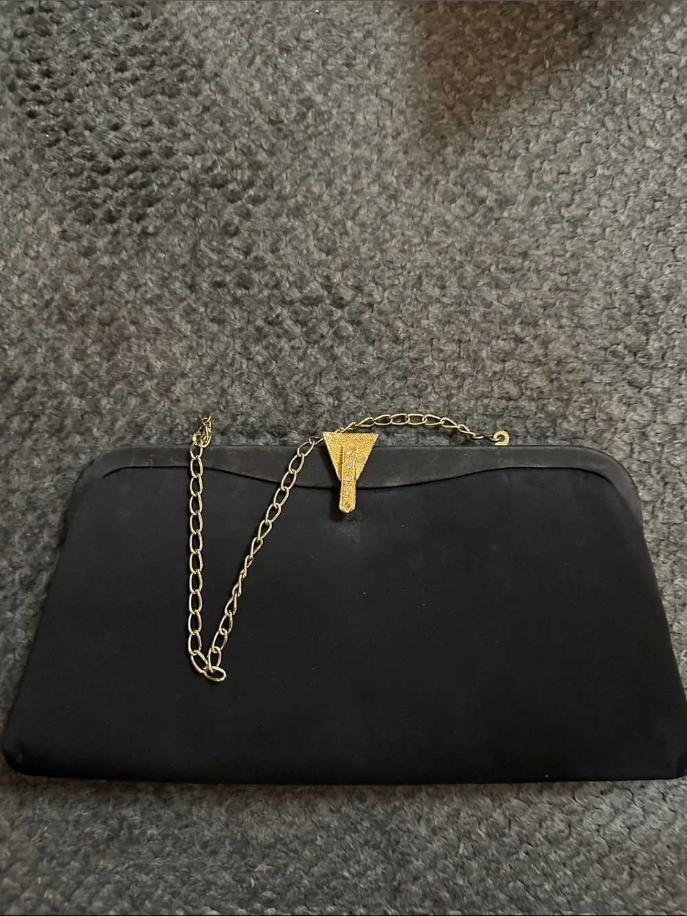 Black Satin Evening Clutch with Gold Chain